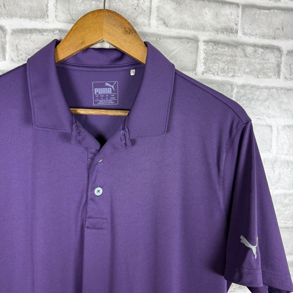 Puma Golf Mens Large Purple Short Sleeve Performance Polo Shirt Silver Logo